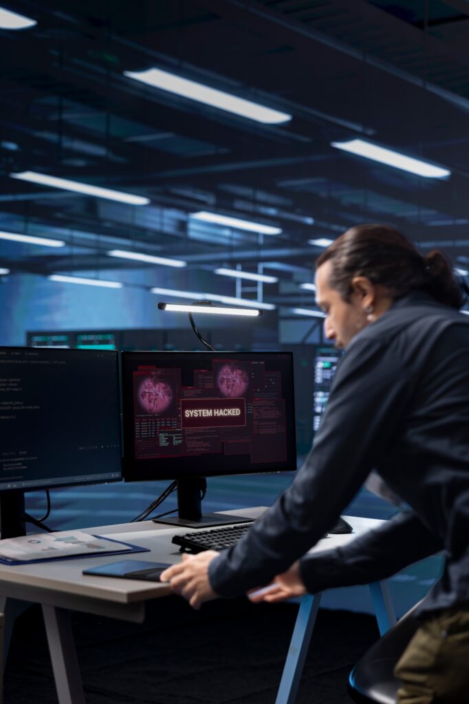 Employee in server room frightened by hacking attack