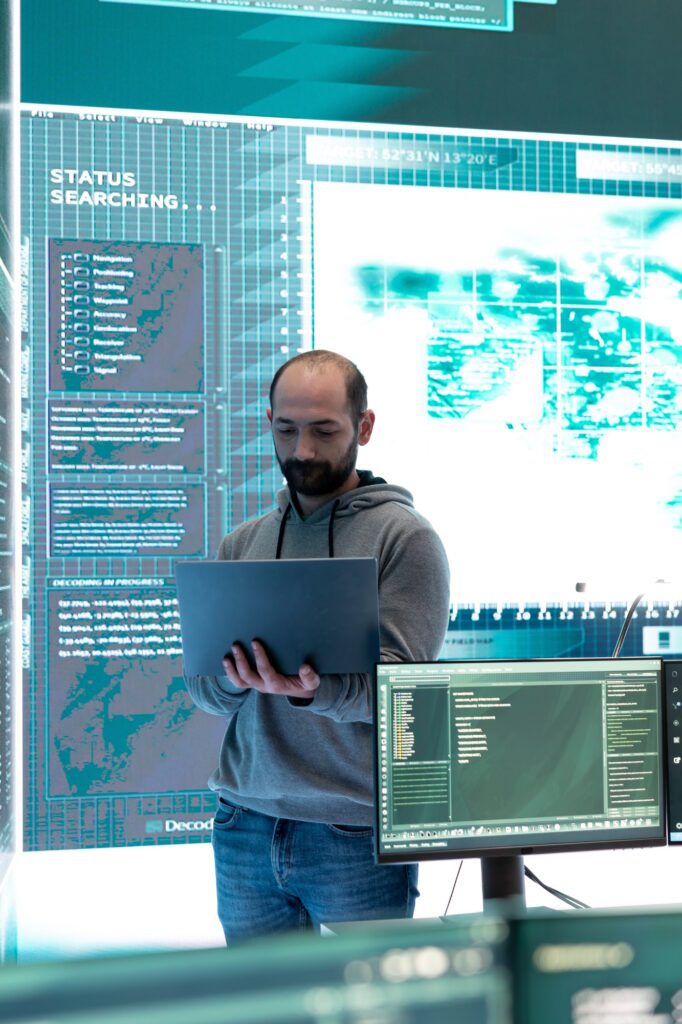 Cyber security team conducting cyber surveillance in governmental control room