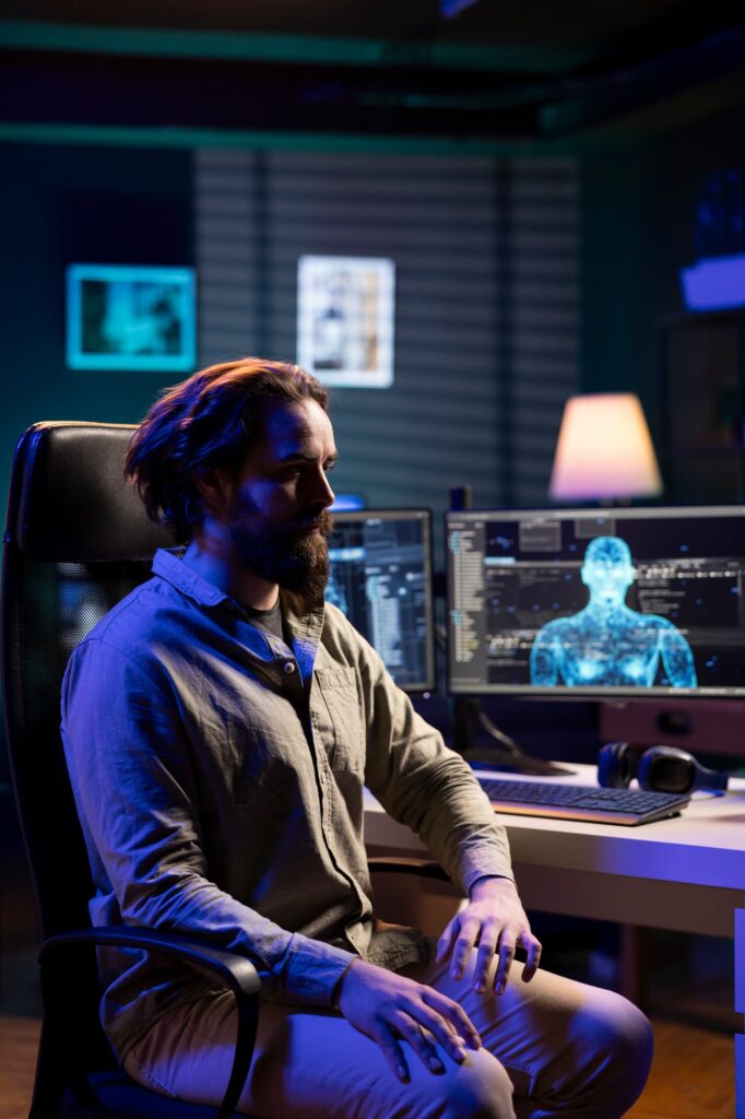 Engineer entering trance, receiving commands from artificial intelligence